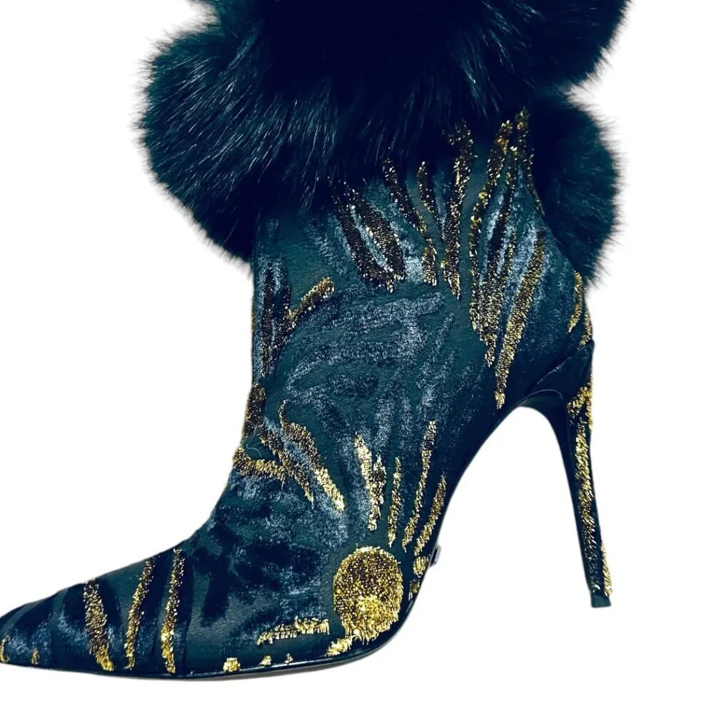 Jennifer Le BLK GLD X (RUNWAY) Thigh Boots RETAILS $1,150 REAL LEATHER & FOX FUR